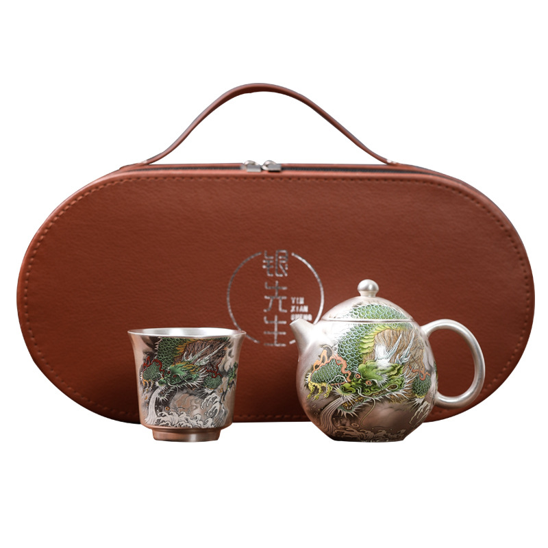 Ấm trà bạc rồng xanh tráng men Dehua ấm trà ngàn hoa mạ bạc bộ trà Kung Fu cao cấp dành cho nữ