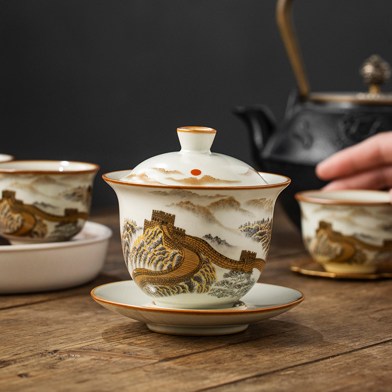 Cốc trà nắp tam tài Vạn Lý Trường Thành lơ lửng bát trà cỡ lớn cao cấp có nắp bộ trà mẫu mới 2025