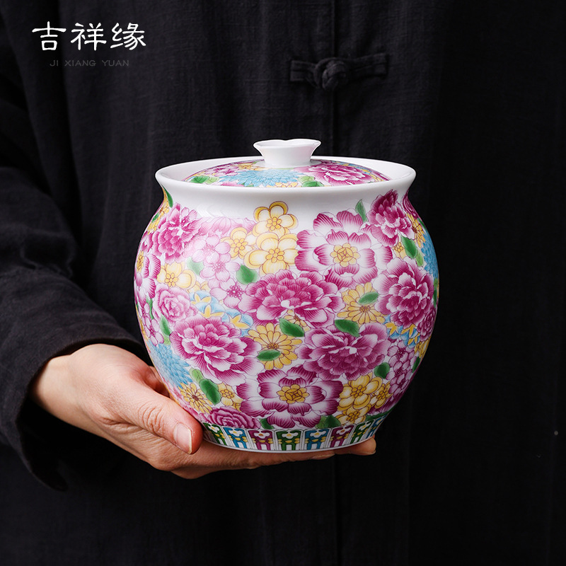 Hộp đựng trà bằng gốm Jixiangyuan hộp đựng trà tráng men cổ mới phong cách Trung Quốc hộ gia đình chống ẩm kín hộp đựng Pu'er