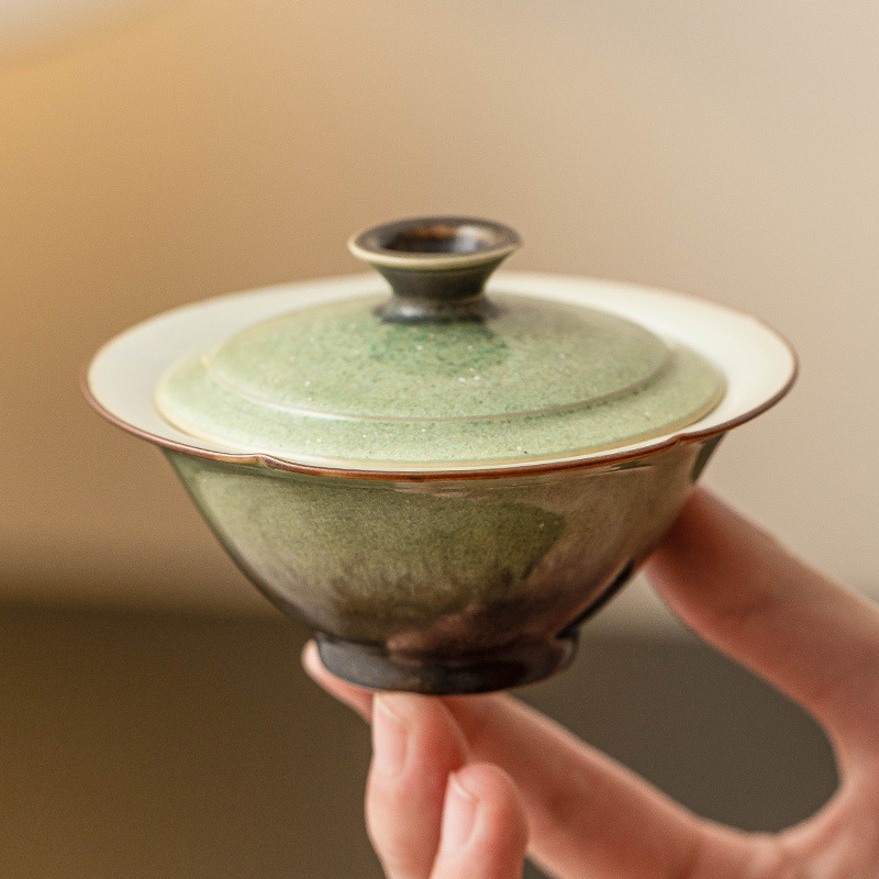 Bát có nắp gốm biến hình lò nung, bát pha trà cánh hoa ngắn bầu trời đầy sao xanh, tách trà có nắp, bộ trà cổ điển cao cấp Trung Quốc, một chiếc
