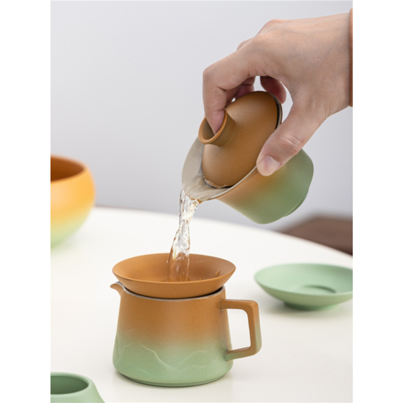 Bộ dụng cụ trà Kung Fu Gradient gốm thô, bình đựng xà bằng gốm, cốc trà có nắp, bộ ấm pha trà cao cấp văn phòng gia dụng