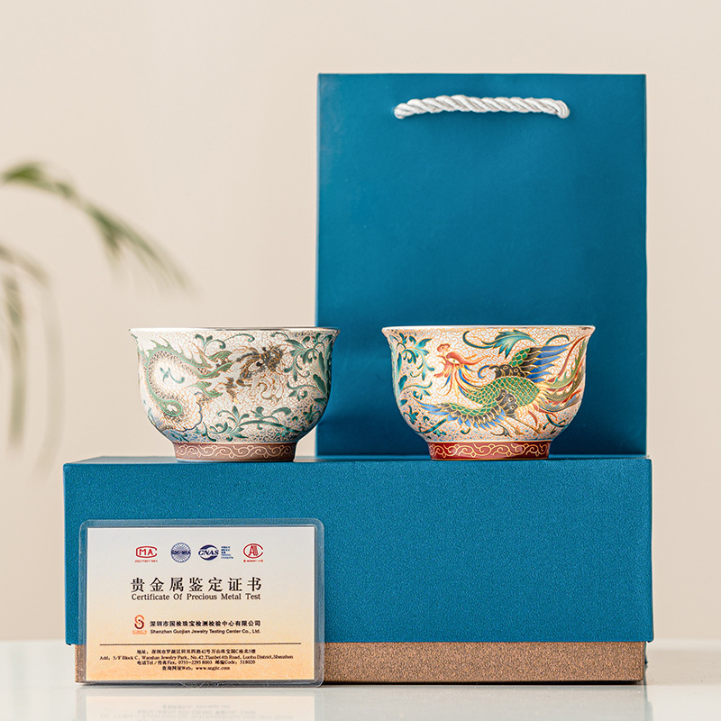 Cốc cặp đôi rồng và phượng hoàng, cốc trà mạ bạc 999, cốc chủ nhân, cốc trà cao cấp sang trọng nhẹ, hộp quà Bộ trà