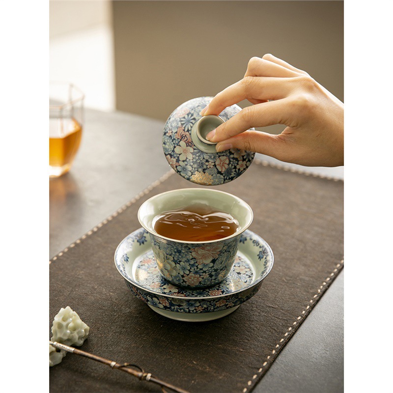 Bát trà cốc trà cốc tráng men màu xanh lam bát trà cao cấp có nắp Bộ trà Kung Fu cỡ lớn gia dụng