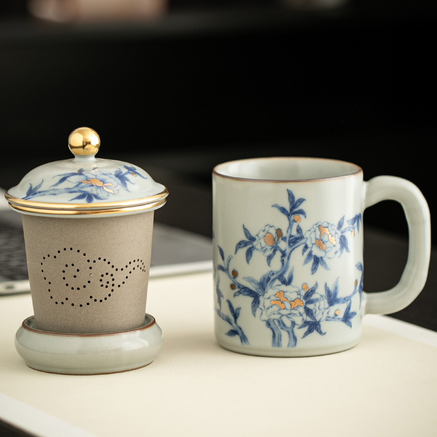 Ly sứ Ru Kiln cao cấp, ly retro dung tích lớn, ly sứ xanh trắng phúc lợi nhân viên, ly trà cho khách hàng
