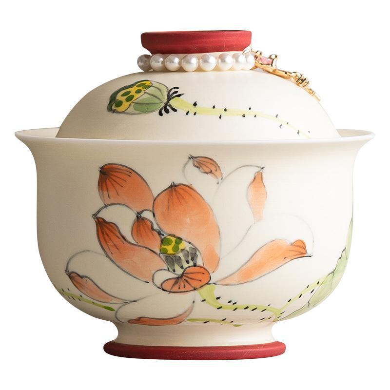 Cốc trà nắp gốm sứ hồng cốc trà hoa sen vẽ tay dung tích lớn bộ trà kungfu có nắp bát trà đơn