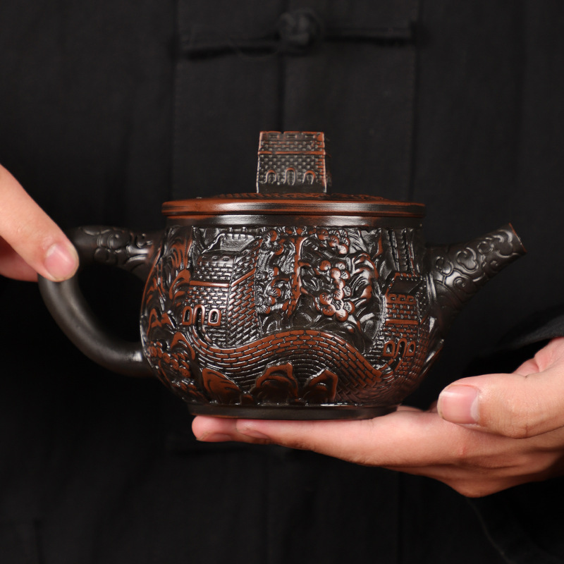 Ấm trà gốm tím Jianshui được chạm khắc thủ công hoàn toàn Vạn Lý Trường Thành