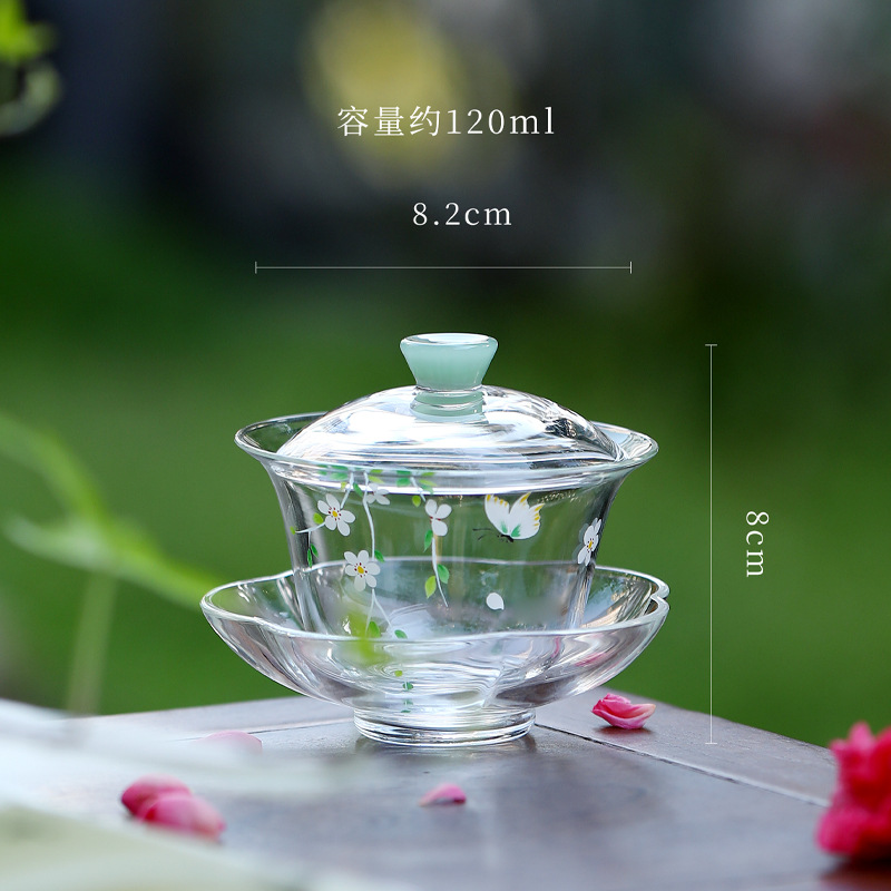 Lễ hội hoa thủy tinh chịu nhiệt borosilicate cao ba mảnh có nắp bát trà xanh bát trà nhỏ tươi bộ trà kung fu bát trà có khay đế