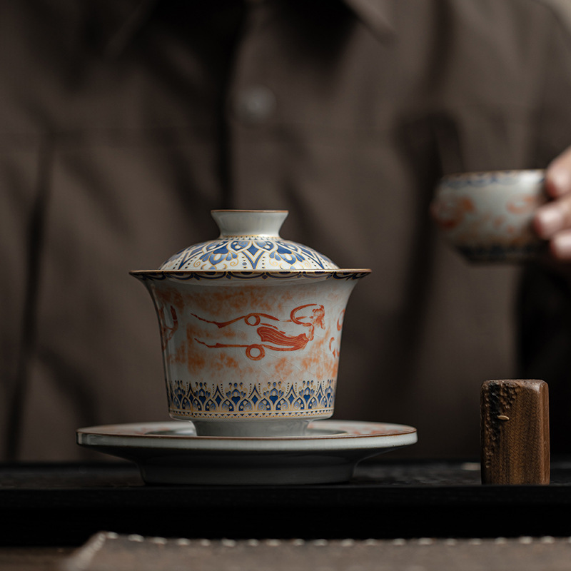 Mô phỏng bát nắp móng ngựa lớn lò Song Ru, bát nắp Đôn Hoàng Feitian Sancai, bộ trà Kung Fu gia dụng, bát pha trà đơn chống bỏng
