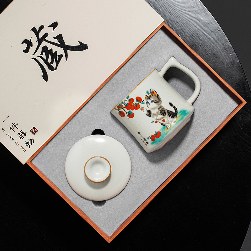 Cốc trà gốm sứ mèo dễ thương dưới hồng Ru Kiln cốc cốc nước có nắp cốc gia dụng