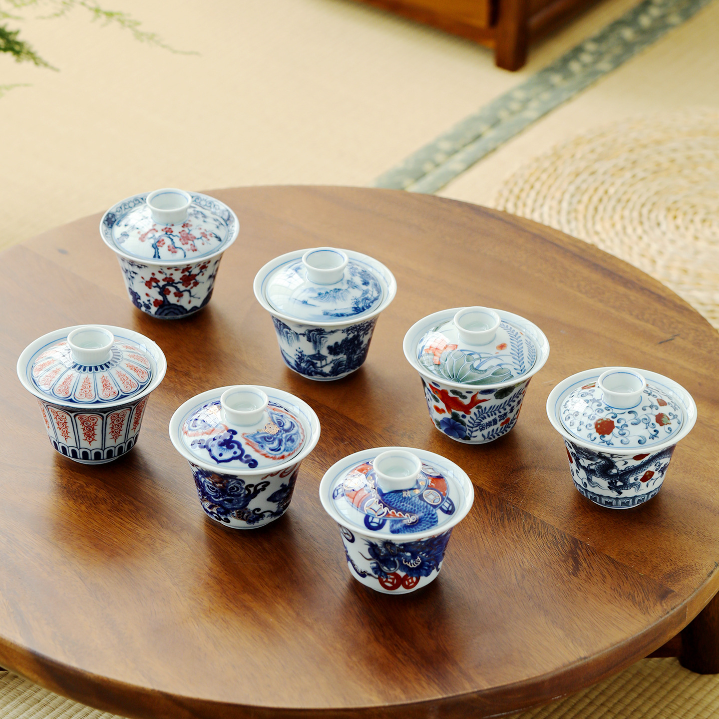 Bát sứ trắng xanh có nắp nổi retro hai mảnh nắp bát gốm sứ gia dụng pha trà cao cấp chống bỏng bát trà cốc một mảnh