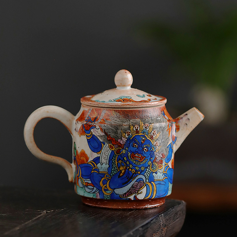 Ấm trà thangka bầu trời đen lớn vẽ tay Shiinoyaki Bộ trà Kung Fu cổ điển Ấm pha trà gốm sứ hoàn toàn bằng tay
