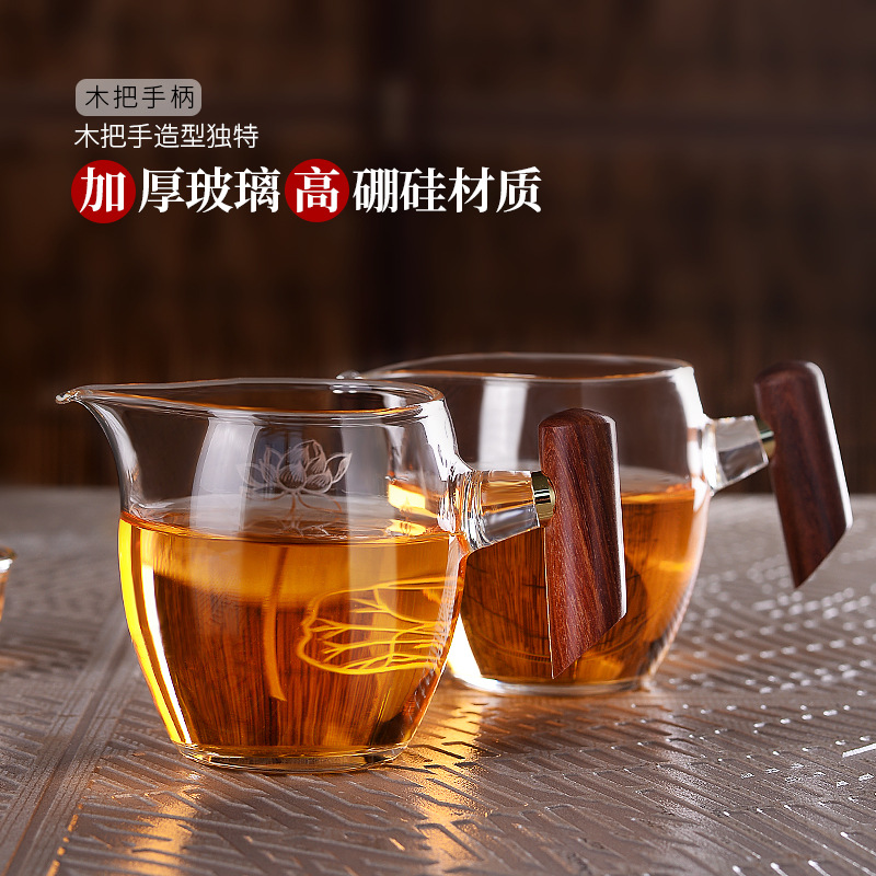 Bộ lọc trà cốc thủy tinh, tay cầm gỗ chịu nhiệt dày dặn, Bộ tách trà cao cấp, cốc pha lê thủ công, Bộ trà gia dụng
