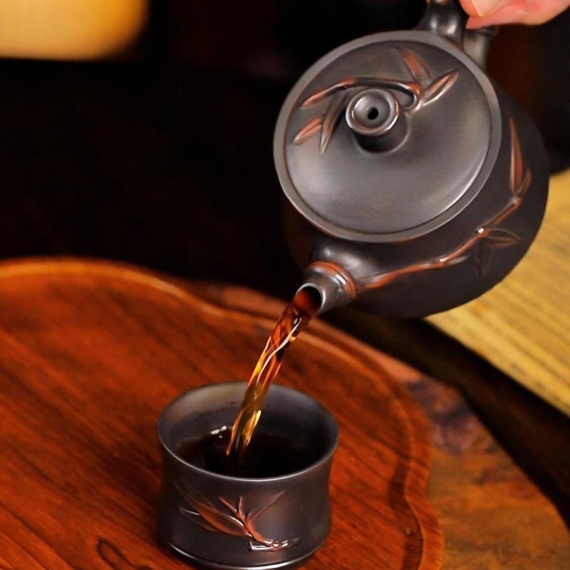 Ấm pha trà gốm tím một ấm hai chén ấm trà gia dụng ấm tre bộ trà Trung Quốc cao cấp sang trọng nhẹ bộ bao bì hộp quà tặng