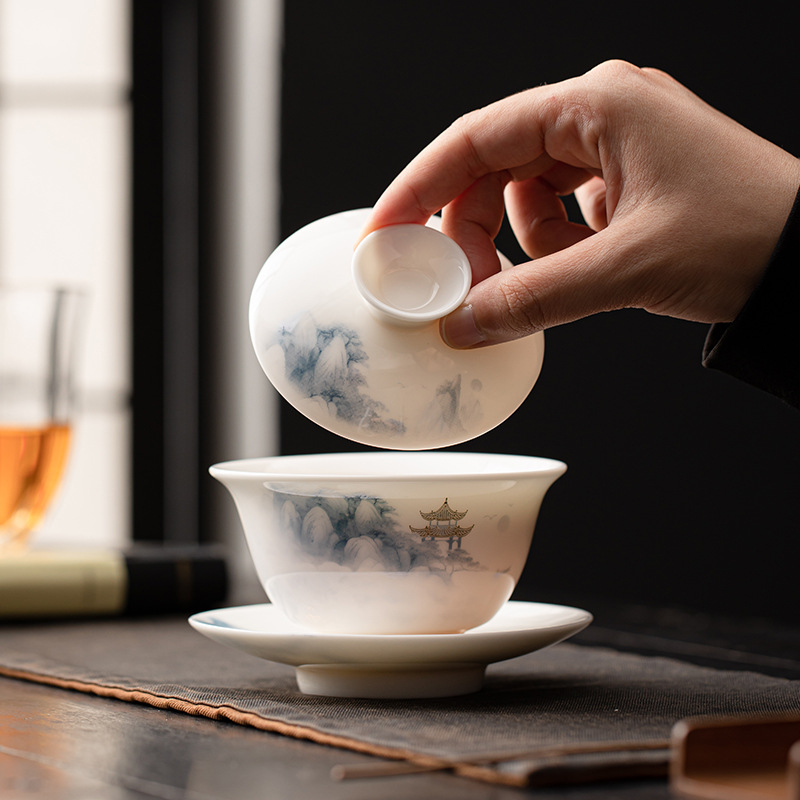 Bát có nắp tam tài sứ trắng Dehua cốc trà kính một chiếc lơ lửng bộ trà gốm sứ Kung Fu màu xanh và trắng nắp bát pha trà lơ lửng
