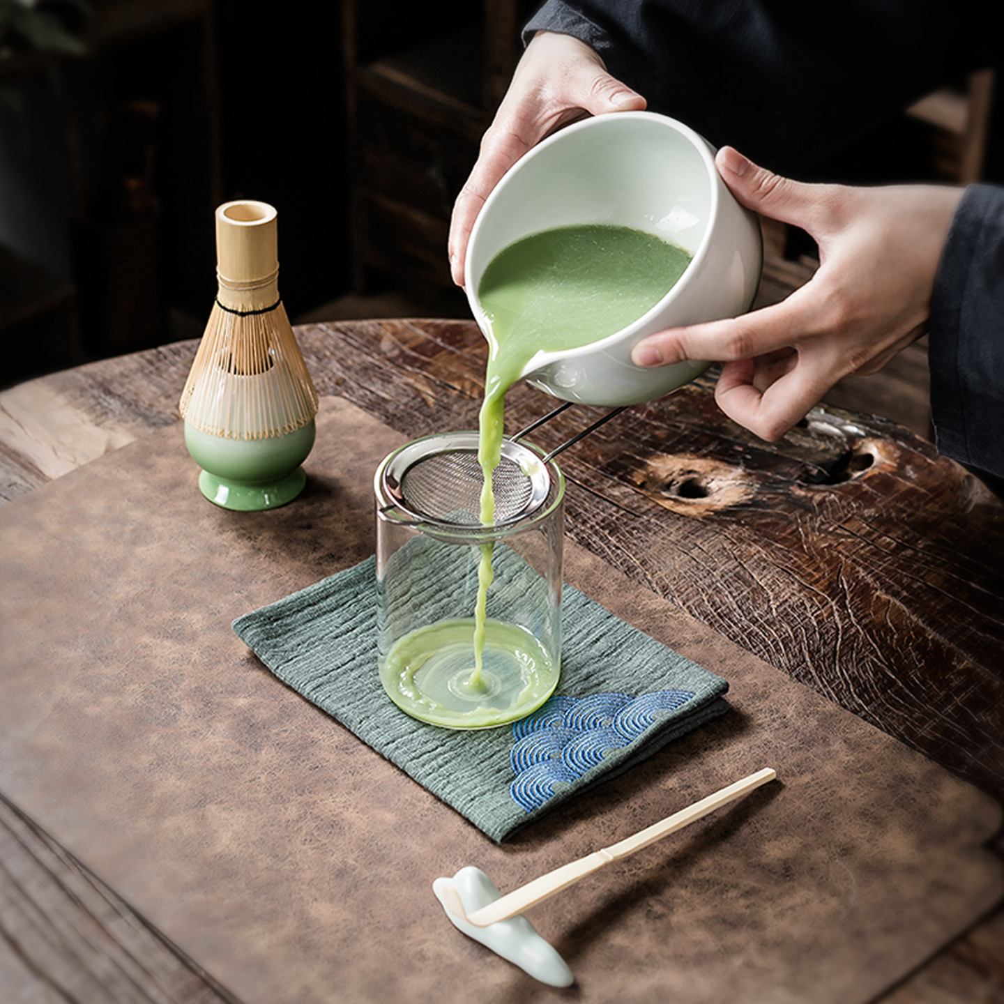 Bộ 8 món matcha bán buôn, chén trà gốm sứ màu chuyển sắc, bộ dụng cụ pha trà thời nhà Tống, gồm chổi đánh trà, rây lọc, bàn chải trà