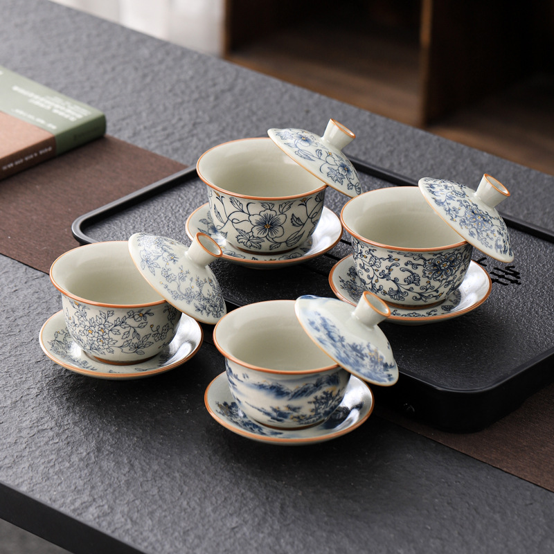 Cốc trà nắp đậy ba tài treo ở lò Ru Bộ trà trà cao cấp một mảnh mở màu xanh và trắng có thể nâng cao màu be gốm sứ cổ điển