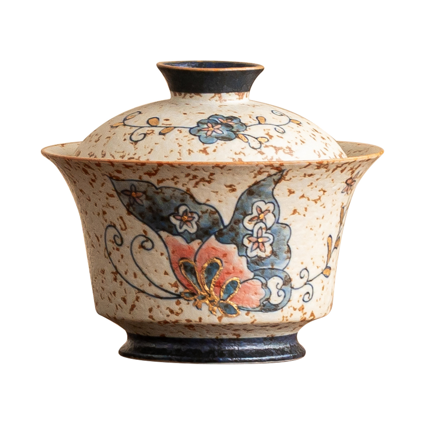 Bát có nắp bằng vàng sơn mài màu xanh và trắng, bát pha trà có nắp Jin'an, bộ trà gốm sứ hoa bướm vẽ tay, tách trà dung tích lớn