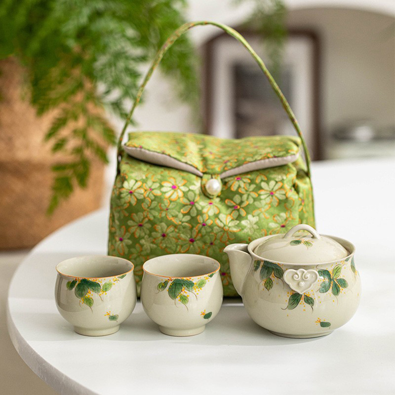 Bộ trà Kung Fu Osmanthus vẽ tay tinh khiết tráng men màu xám thực vật một bình hai cốc túi lưu trữ bộ du lịch gốm sứ gia dụng