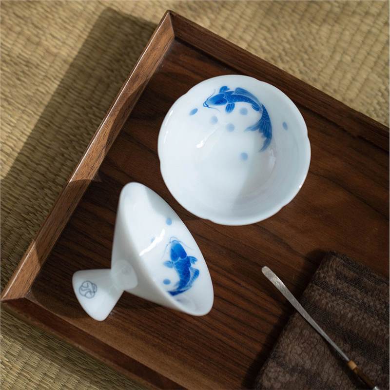 Cốc trà Koi vẽ tay bằng sứ đá pha lê Yunwo cốc chủ nhân cốc hương thơm cốc cá nhân cốc trà Kung Fu quà tặng sứ trắng