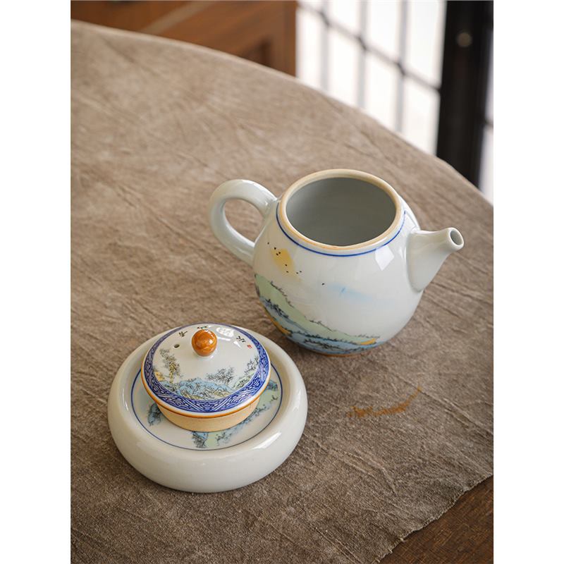 Bộ ấm trà Kung Fu sứ trắng xanh kiểu Trung Quốc cổ ấm trà bộ nhỏ chuyên dụng gia dụng bán buôn quà tặng