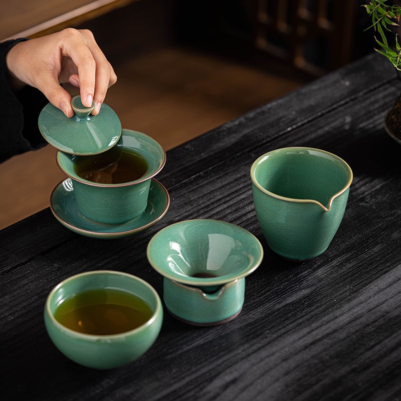 Su Tianpei Sancai Nắp Bát Nước sâu Màu xanh lá cây Bộ ấm trà Bộ lọc thủ công Bộ lọc trà Bộ ấm trà cao cấp Hộp quà