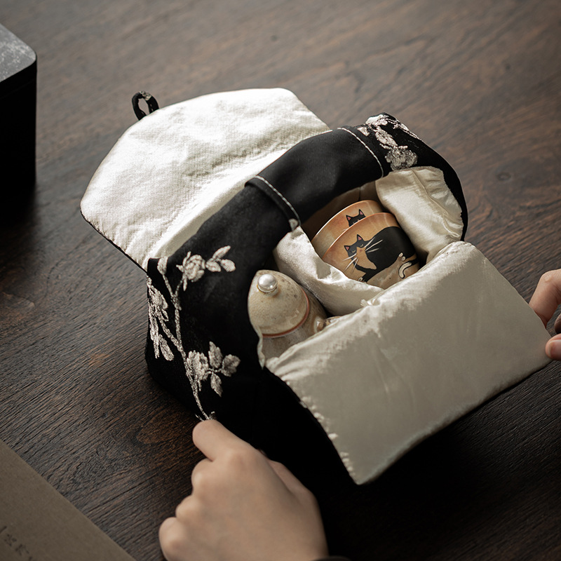 Túi đựng trà thêu hoa mận thổ cẩm túi đựng trà xe cắm trại ngoài trời túi đựng ấm trà cốc trà túi chống va đập