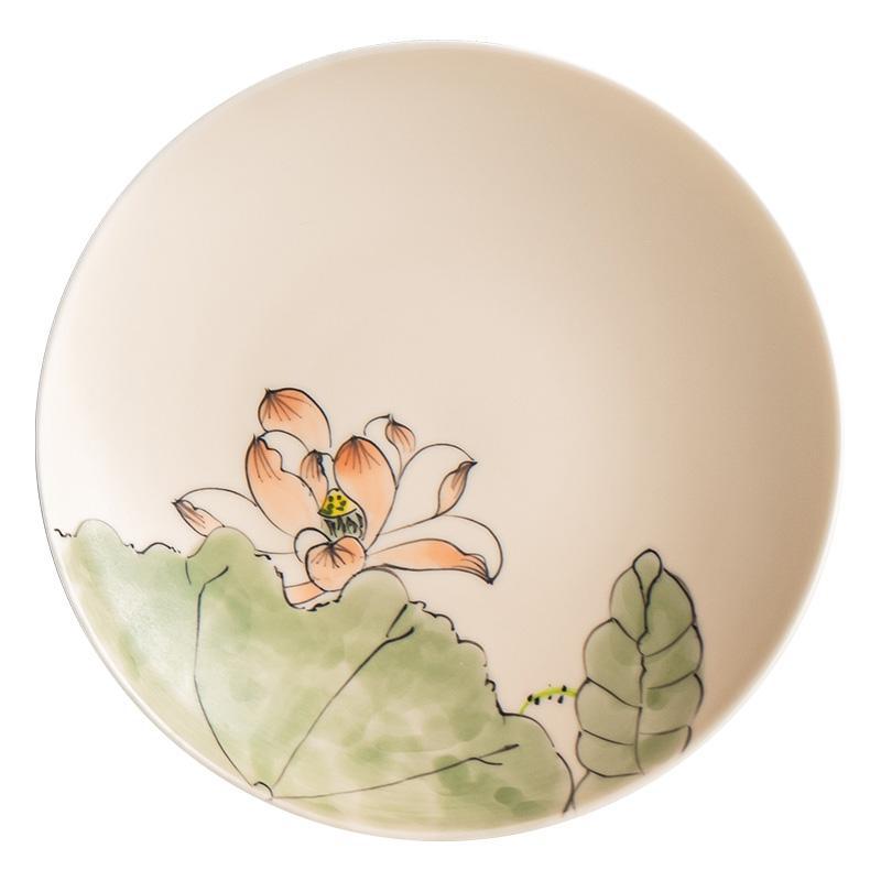 Bình hoa sen vẽ tay màu hồng, khay đựng gốm sứ gia dụng hình tròn, khay đựng trà cổ điển kiểu Trung Quốc, phụ kiện trà đạo