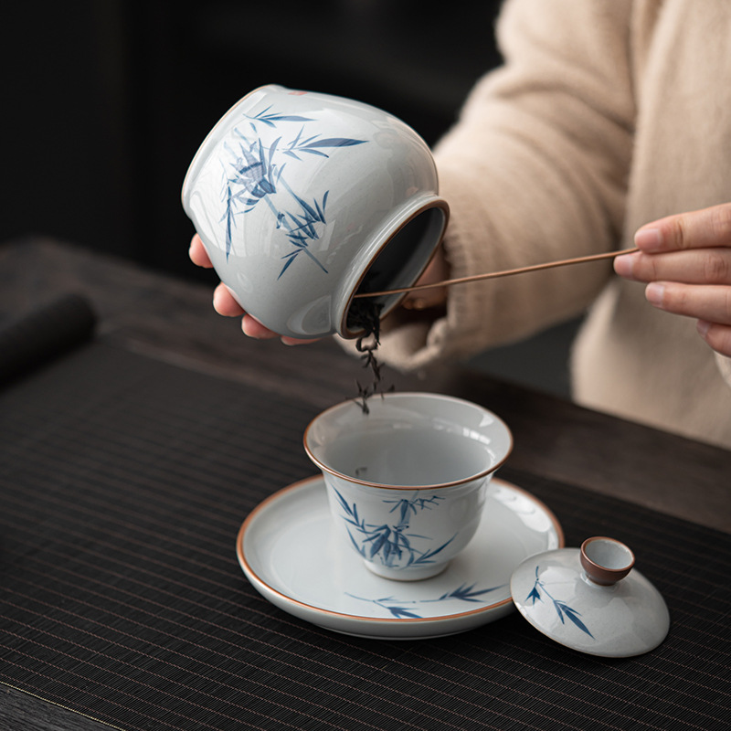 Bình đựng trà trắng xanh vẽ tay tráng men, bình đựng trà gốm sứ chống ẩm kín, dụng cụ đựng trà Kung Fu gia dụng, Bình Đựng Trà
