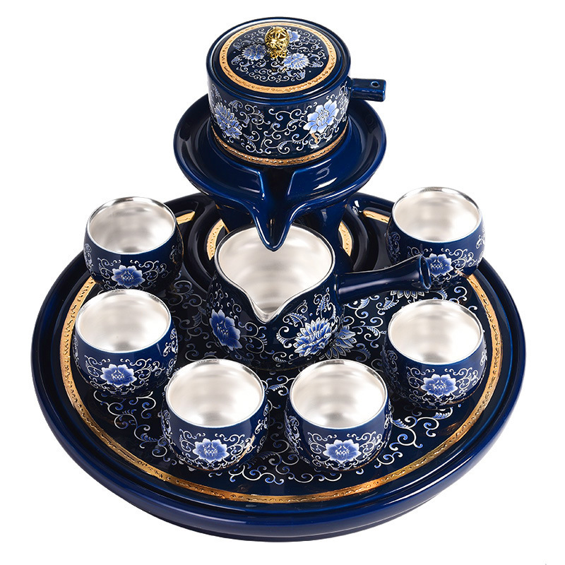 Bộ ấm trà Kung Fu mạ bạc 999 khay trà dùng trong gia đình khi làm việc