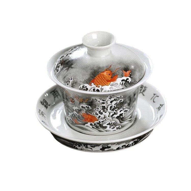 Jingdezhen mực màu Cá hóa long tam tài Bát Nắp bát pha trà không nóng bộ đồ trà Kung Fu gốm sứ gia dụng cỡ lớn