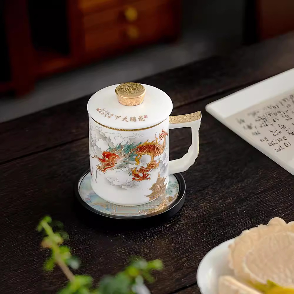 Cốc văn phòng bằng sứ trắng ngọc bích cốc nước gốm sứ gia dụng kiểu Trung Quốc tách trà cốc cốc đựng quà năm rồng