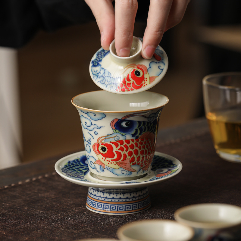 Bộ cốc trà ba nắp cá rồng móng ngựa bộ bát trà không nóng chuyên dụng cá nhân bộ trà cao cấp bộ ba món