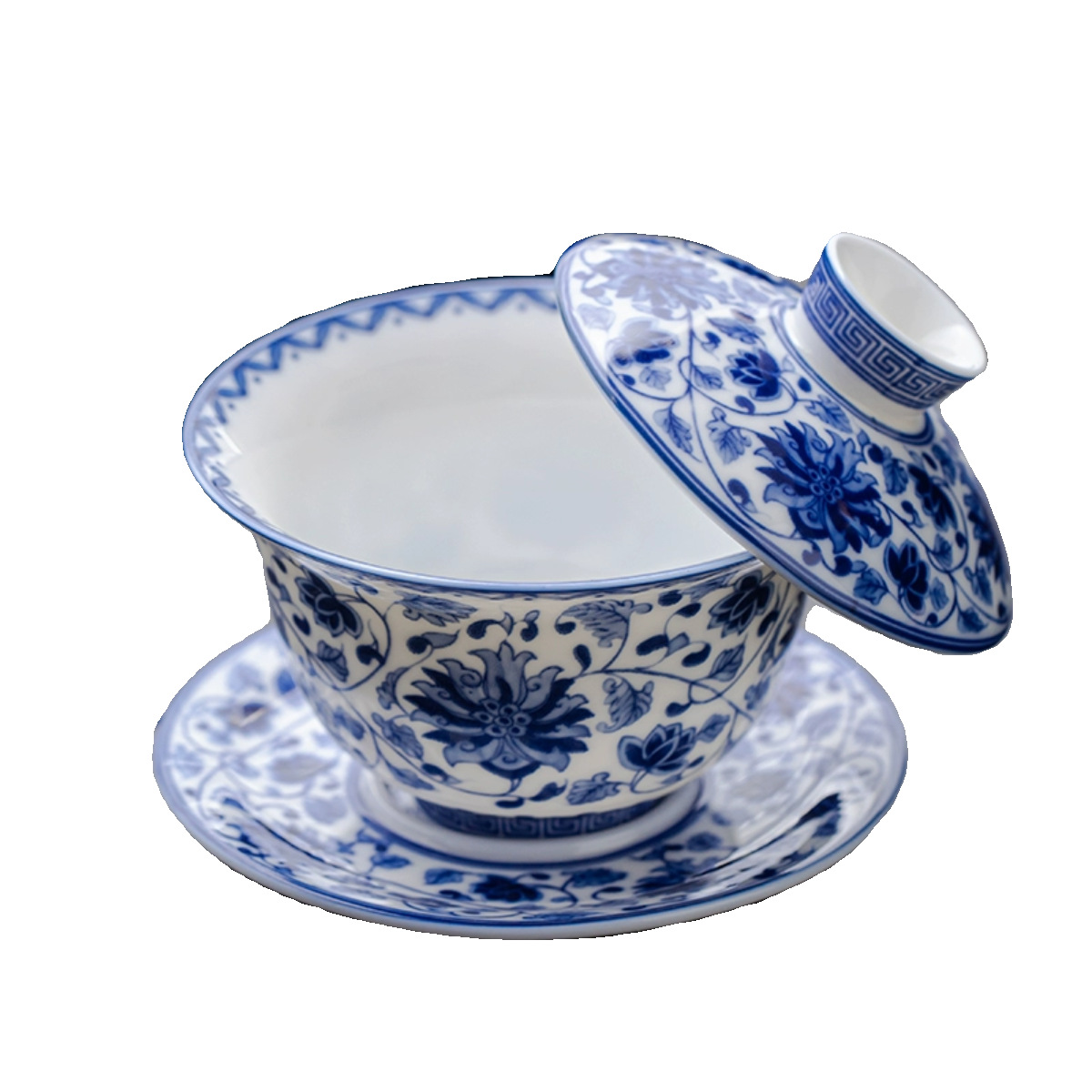 Màu xanh và trắng ngọc bích ngọc bích ba cái bát có nắp treo cổ điển dung tích lớn quấn hoa sen đơn không nóng cốc pha trà gốm sứ