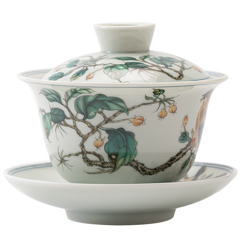 Bát trà đơn sứ trắng xanh cổ điển bát trà tam tài kính bát có nắp gốm sứ bộ trà Kung Fu gia dụng gốm sứ cỡ lớn