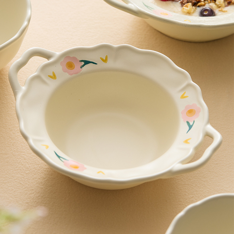 Bát gốm sứ viền hoa mẫu đơn bát cơm bát canh hai tai bát sữa chua ăn sáng gia dụng bát salad giá trị cao