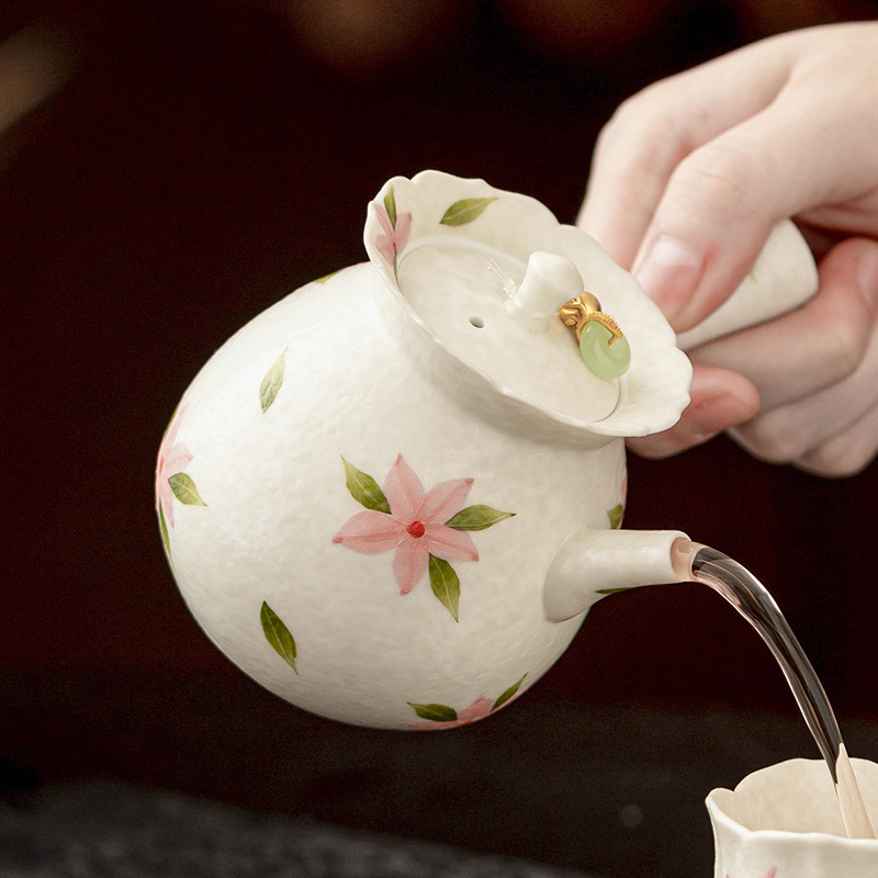 Ấm trà tay cầm bên hoa anh đào trắng mỏ đá ấm trà pha trà tay chống bỏng tinh xảo cao cấp ấm trà gốm sứ gia dụng dụng cụ trà kungfu