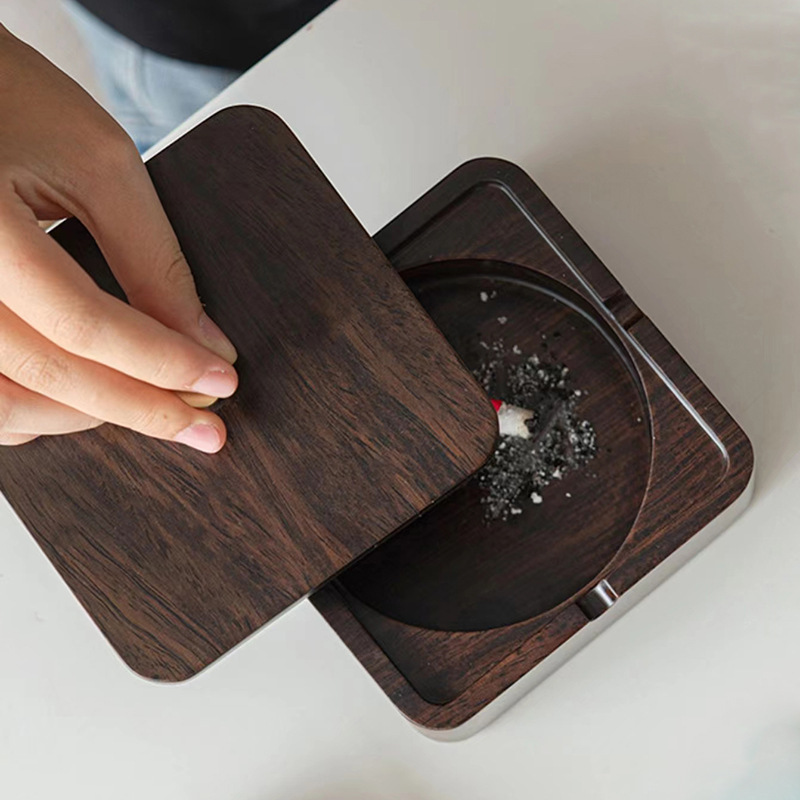 Gạt tàn vuông gỗ nguyên khối gỗ mun có nắp trang trí trang trí chống gió chống tro bay văn phòng gia dụng Gạt tàn thời trang