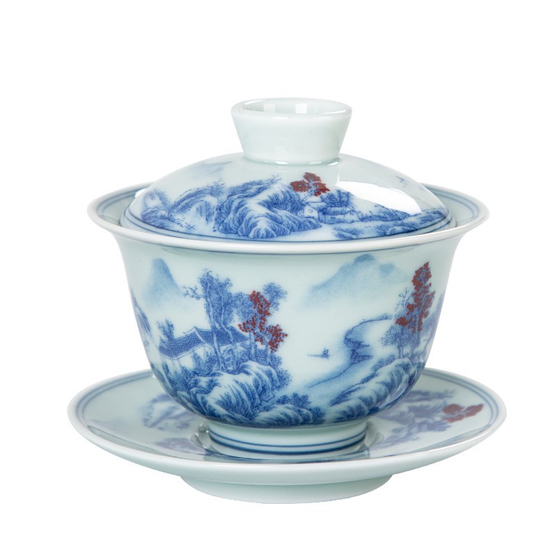 Jingdezhen màu xanh và trắng có nắp, bát pha trà màu tráng men, bát pha trà tám kho báu, hoa sen, bộ trà ba món, bộ ba món