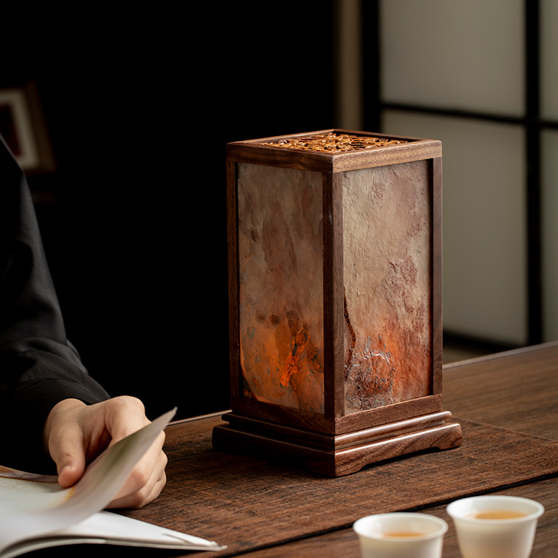 Đèn bàn đá vuông phong cách thiền mới sáng tạo phòng trà ánh sáng xung quanh hàng rào cổ