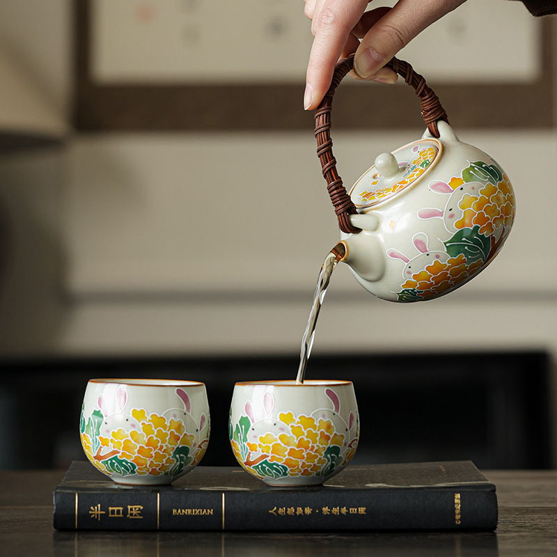 Ấm pha trà Ru Kiln một ấm hai cốc bộ dụng cụ pha trà Kung Fu gia dụng ấm chùm cốc pha trà dung tích lớn hộp quà