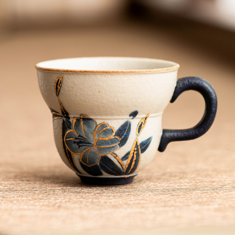 Cốc trà gốm sứ đá lửa trắng xanh, cốc bầu hoa huệ vẽ tay, cốc trà Kung Fu, cốc chủ bộ trà, cốc đơn
