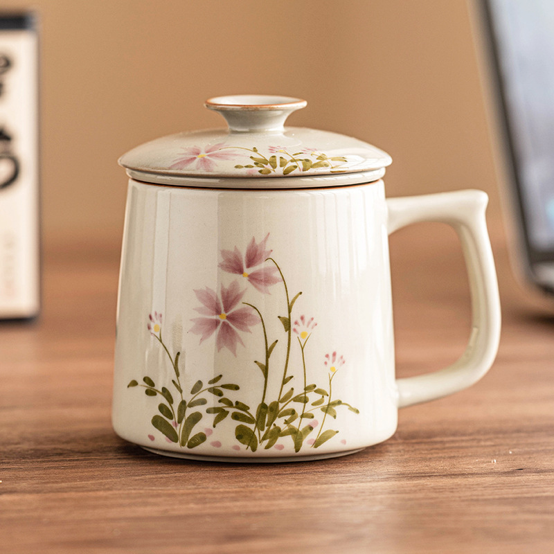 Vẽ tay hoa cúc nhỏ tách trà nước tách trà Bộ trà gốm sứ có nắp Cốc văn phòng LOGO công ty