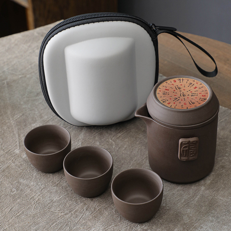 Đất sét tím du lịch bộ trà nhỏ di động gốm hoàn chỉnh kung fu trà trà đạo khay trà ấm trà tách trà