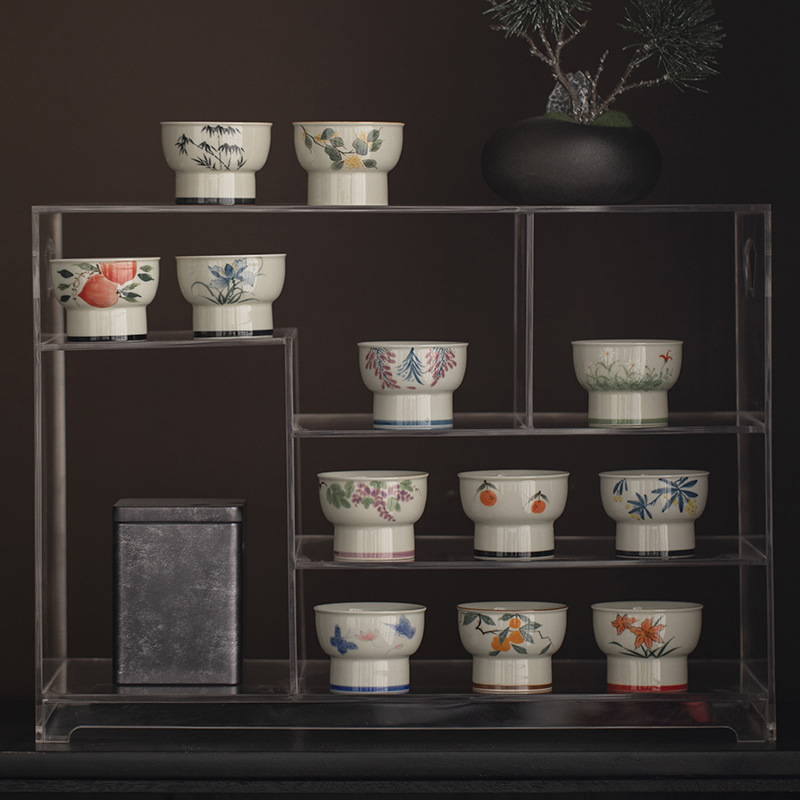 Cốc chủ nhân chân cao vẽ tay màu xám thực vật cốc trà gốm sứ dụng cụ trà kungfu cốc đựng trà gia dụng cốc cao cỡ lớn