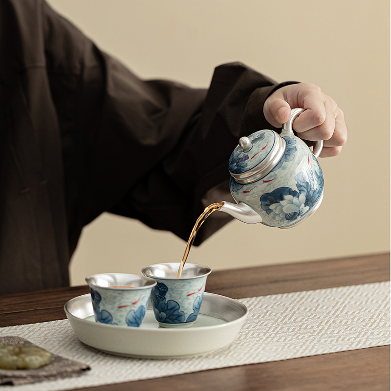Bộ hoa sen xanh chơi cá bạc một ấm hai cốc bộ ấm trà Kung Fu bộ ấm trà gốm sứ ấm trà làm quà tặng cá nhân