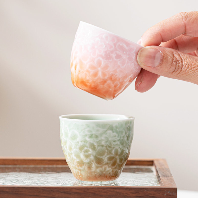 Cốc trà chạm nổi hoa anh đào Gradient cốc chủ sở hữu Bộ trà Kung Fu cao cấp dành cho nữ cốc trà cốc trà gia đình hiếu khách