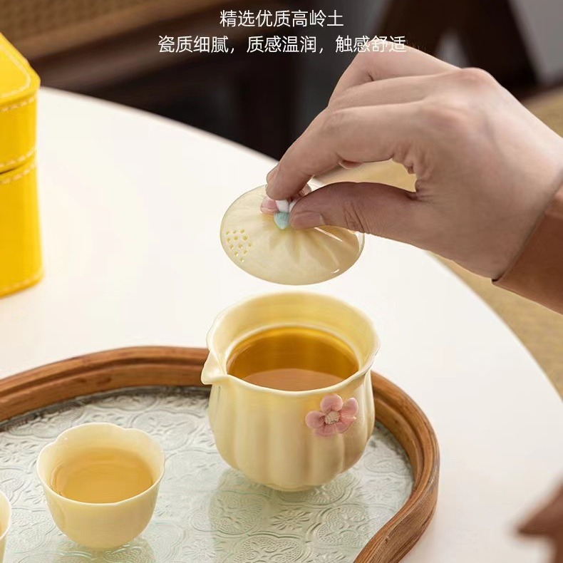 Bộ ấm chén sứ nhanh, đá quý vàng, 1 ấm 3 chén, làm bằng tay, họa tiết hoa văn, bộ du lịch nhỏ gọn, tiện mang theo ngoài trời, túi xách vàng