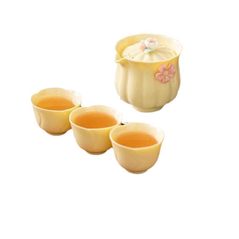 Bộ ấm chén sứ nhanh, đá quý vàng, 1 ấm 3 chén, làm bằng tay, họa tiết hoa văn, bộ du lịch nhỏ gọn, tiện mang theo ngoài trời, túi xách vàng