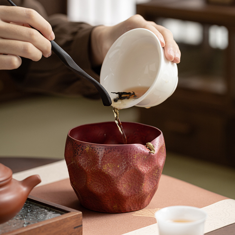 Chậu rửa trà bằng đồng lớn dùng trong gia đình, xô đựng cặn trà cao cấp, dụng cụ rửa chén và chứa nước, bình đựng nước trà phong cách cổ điển Trung Quốc.