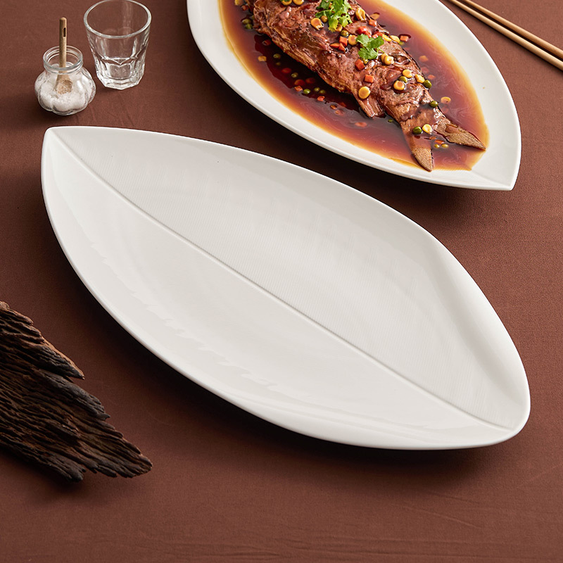 Đĩa cá gốm sứ Shangpin Đĩa cá hấp gia dụng Đĩa bộ đồ ăn khách sạn sáng tạo cảm giác cao cấp Đĩa món ăn Đĩa lá liễu